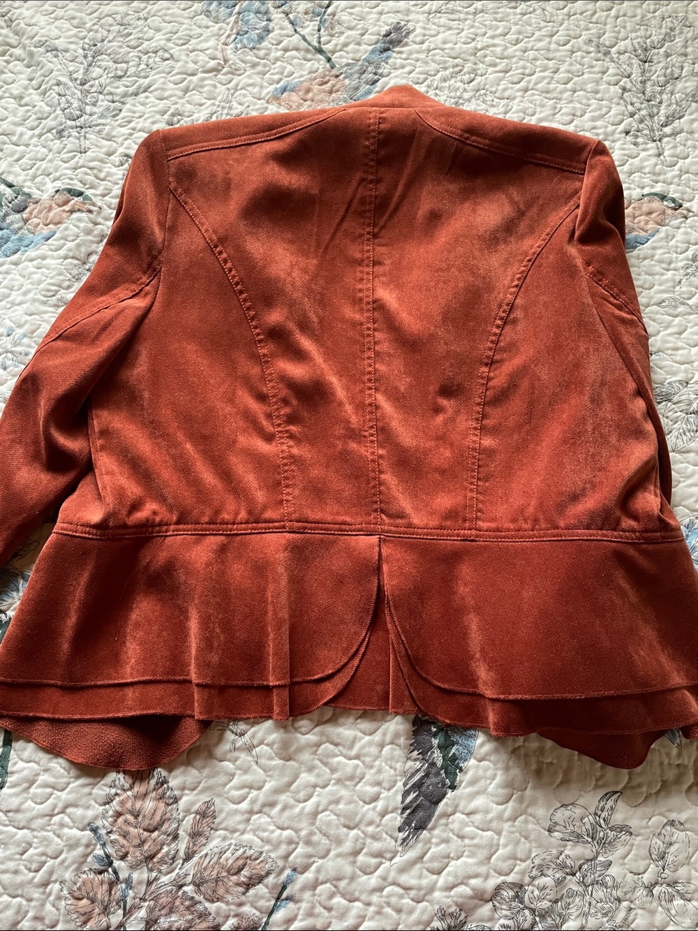 Double Breasted Suede Look Rust Color Ruffled Jacket - Picture 9 of 14